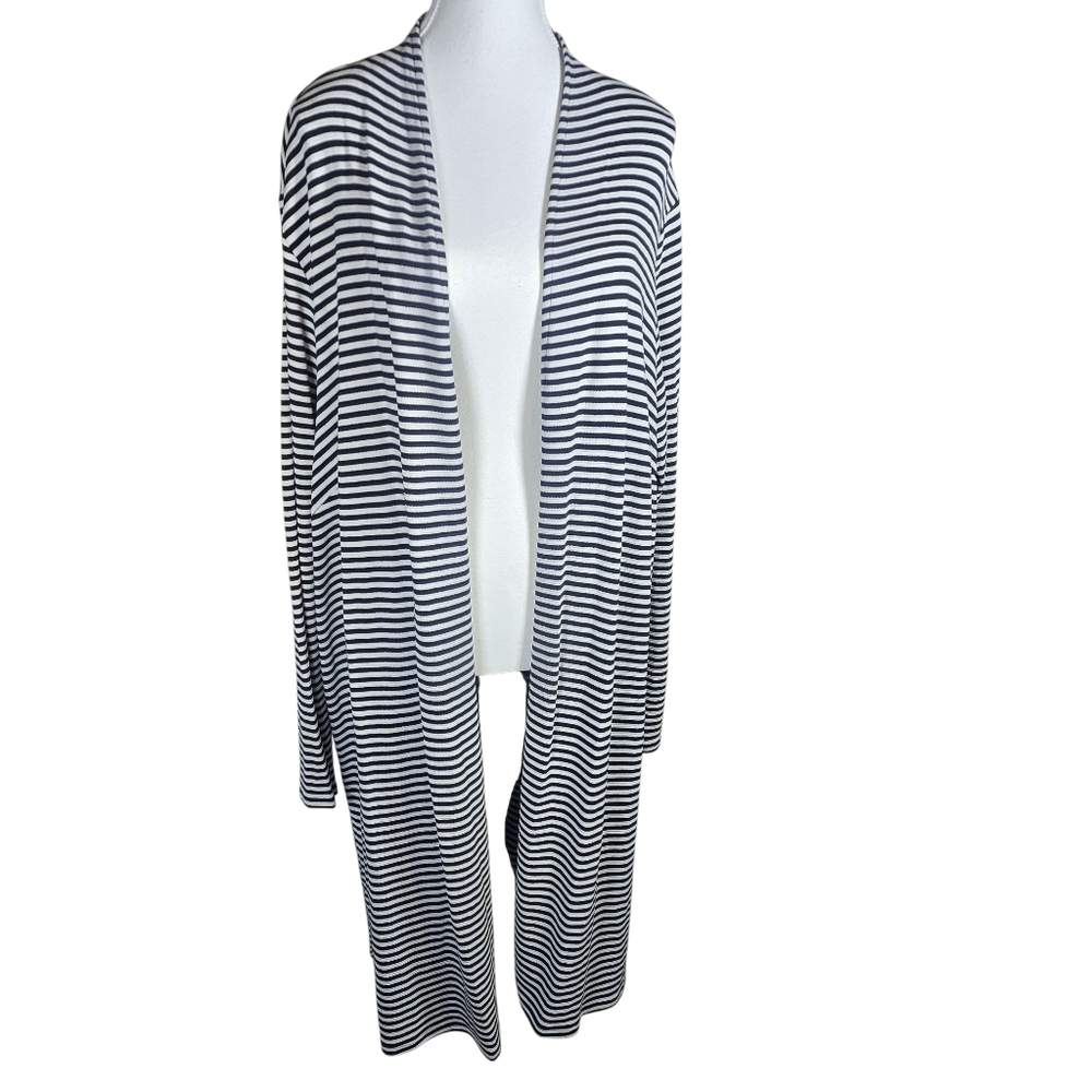 J. Jill Wearever Collection Long Open Cardigan Duster Black White Stripe Sz 3X